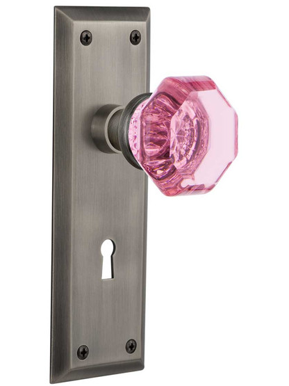 New York Mortise Lock Set with Colored Waldorf Crystal Glass Knobs Pink in Antique Pewter.